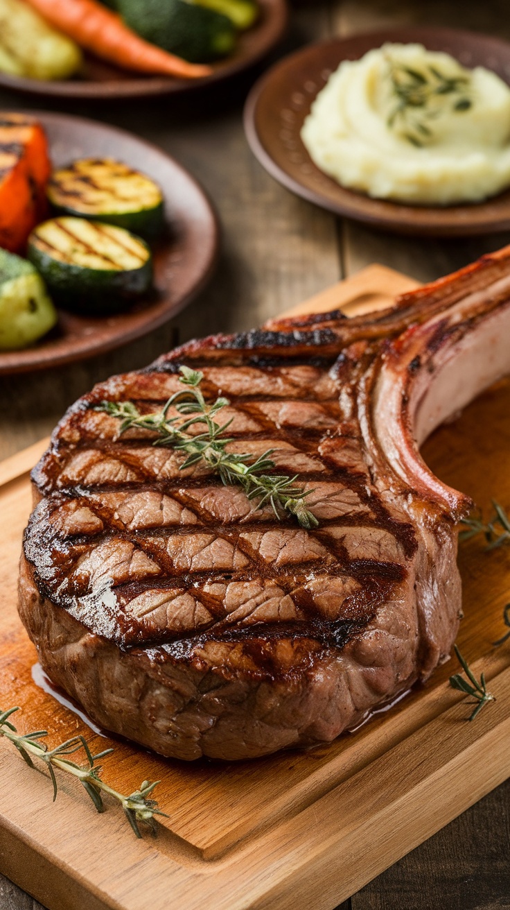 Grilled Tomahawk steak on a cutting board with herbs, served with sides.